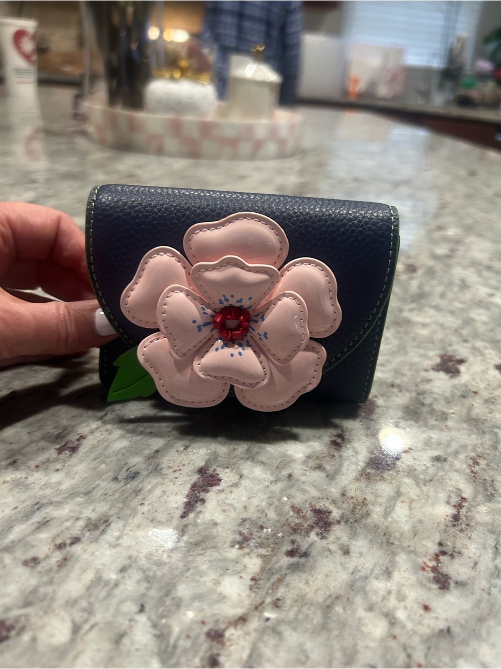 kate spade Parisian Navy Card Holder/Change Purse w/ Pink Flower - Picture 2 of 4